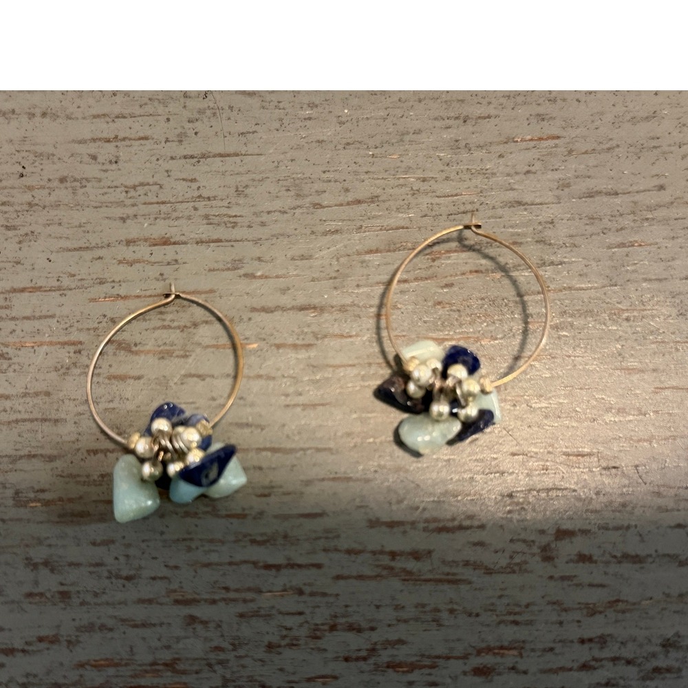 Natural Blue Stone Chip Hoop Earrings Lapis Lazuli Aquamarine Boho Gold Tone